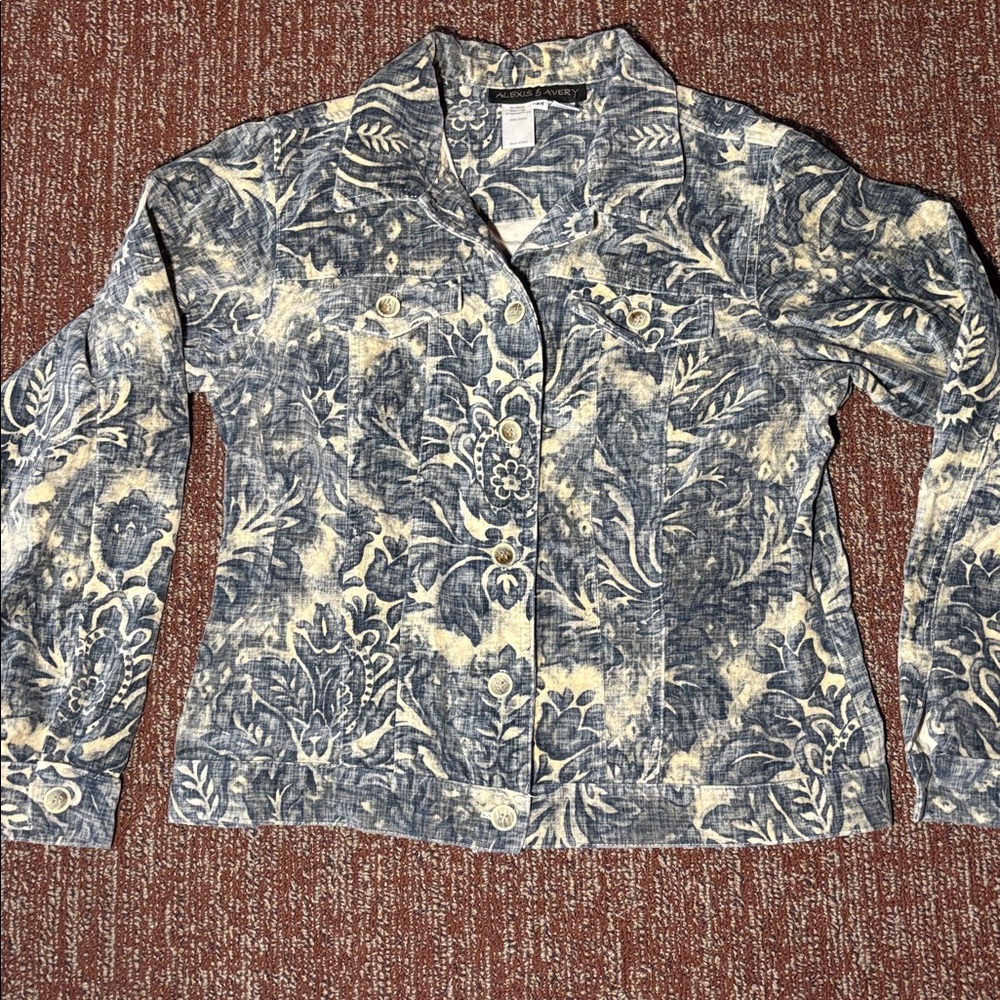 Vintage Alexis & Avery blue velvet Floral Denim Jacket button front USA medium